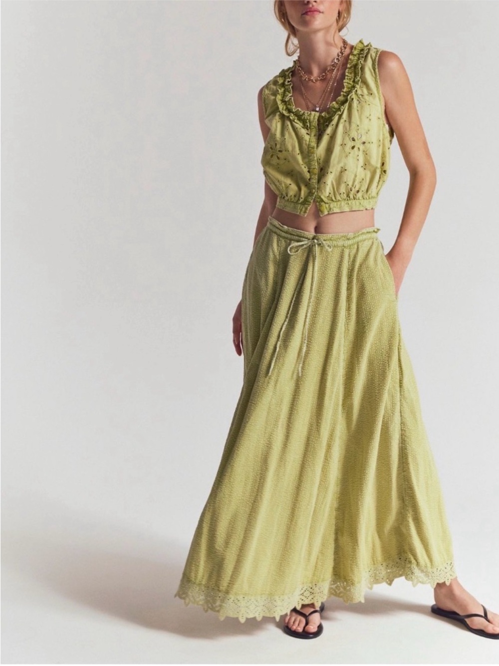 Free People Lace-Trim Lume Green Maxi Skirt & Top Set